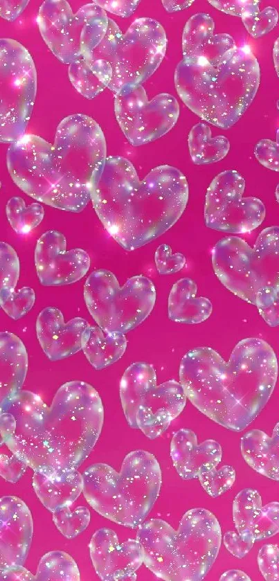 Mobile wallpaper with sparkling pink hearts and glitter effects.