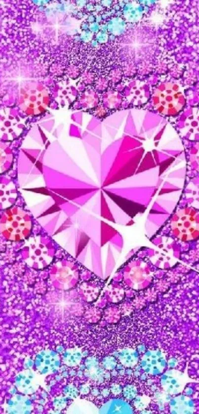 Vibrant glitter heart wallpaper with a purple and pink gem design.