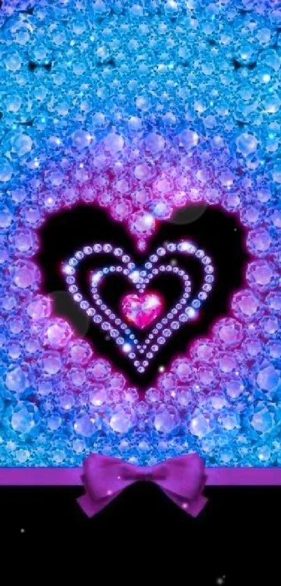 Vibrant sparkling heart with diamonds on a blue and purple background.