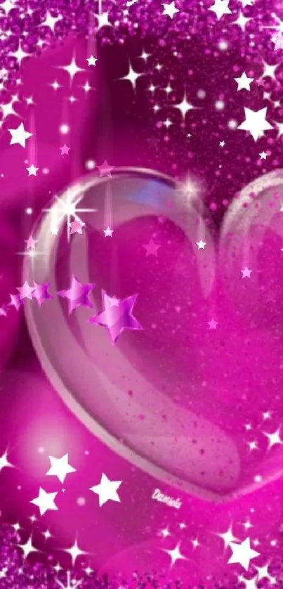 Sparkling pink heart wallpaper with glitter and stars.