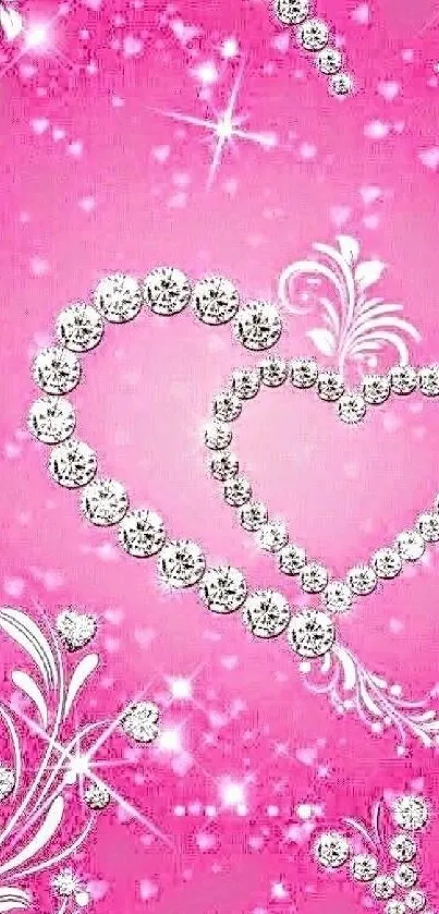 Sparkling heart design on pink background with diamond accents.