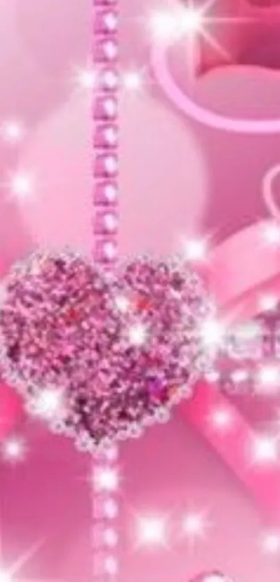 Glittering pink heart-themed mobile wallpaper.