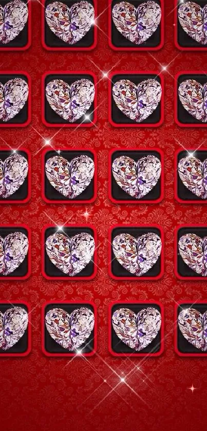 Red wallpaper with sparkling diamond hearts.