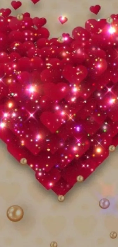 Sparkling red hearts forming a dazzling display.