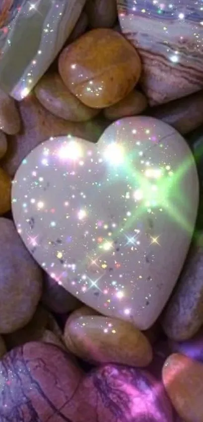 Heart-shaped stone with sparkling lights on a bed of colorful rocks.