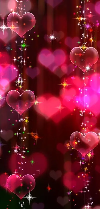 Sparkling heart strings on a red background wallpaper.