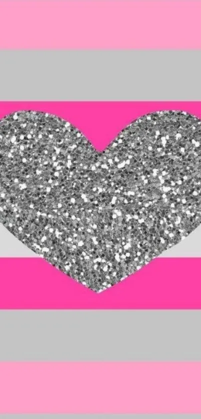 Mobile wallpaper with glittery silver heart and pink, gray stripes.