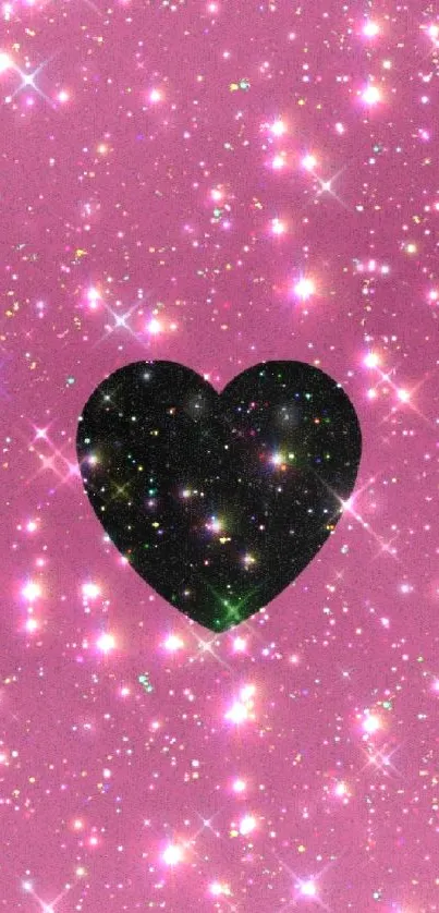 Sparkling black heart on pink background with glitter.