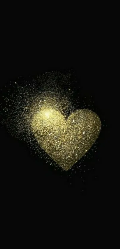 Glittering golden heart on a black background, perfect for mobile wallpaper.