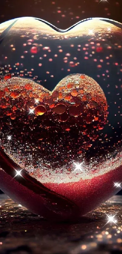 Sparkling heart inside a glass orb background for mobile wallpaper.