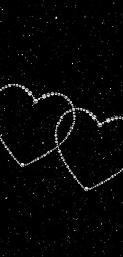 Mobile wallpaper with sparkling heart outlines on a black background.