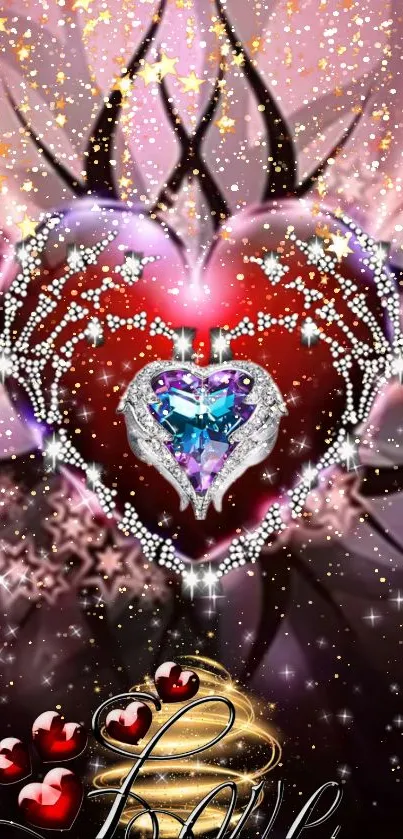 Dazzling heart with sparkling gems on a vivid background, perfect for mobile screens.