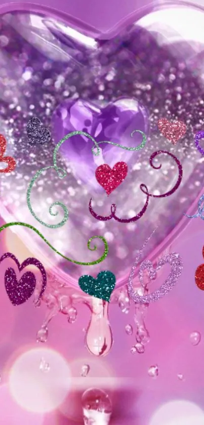 Purple heart glitter wallpaper with sparkling effects and colorful designs.