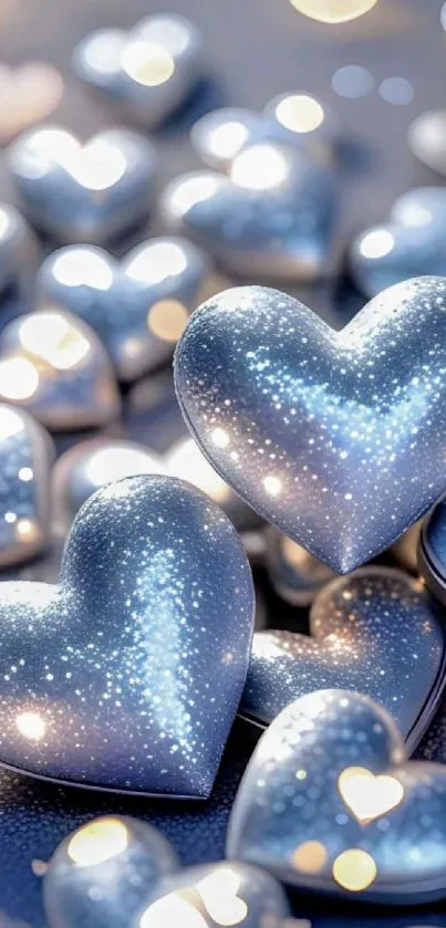 Sparkling blue hearts with bokeh background