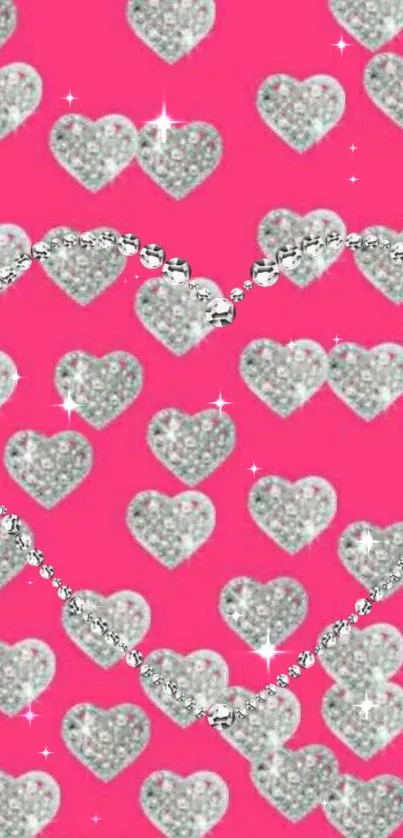 Sparkling silver hearts on vibrant pink background wallpaper.