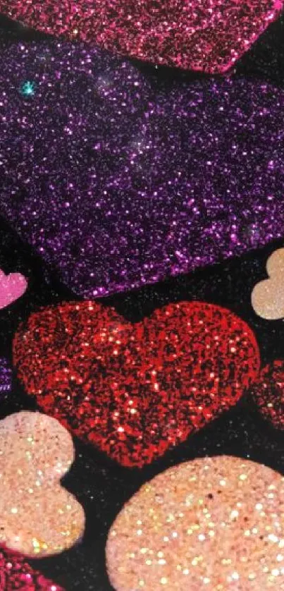 Colorful sparkling hearts wallpaper with glitter effect.