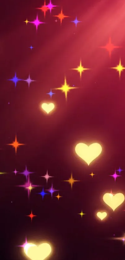 Colorful hearts and stars with a burgundy background.