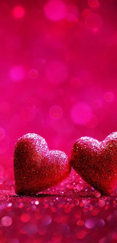 Glittery pink hearts on a vibrant sparkling background.