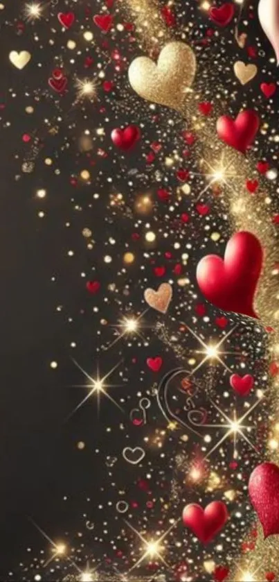 Mobile wallpaper with sparkling red and gold hearts on a dark background.