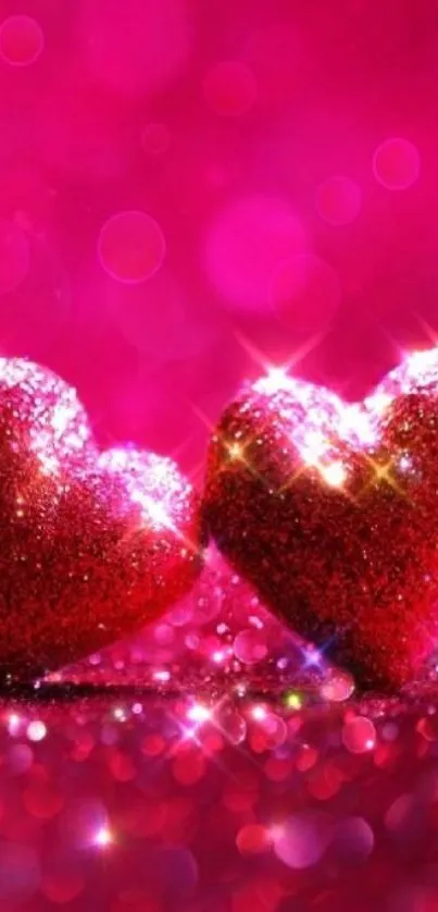 Two glittering red hearts on a pink background.