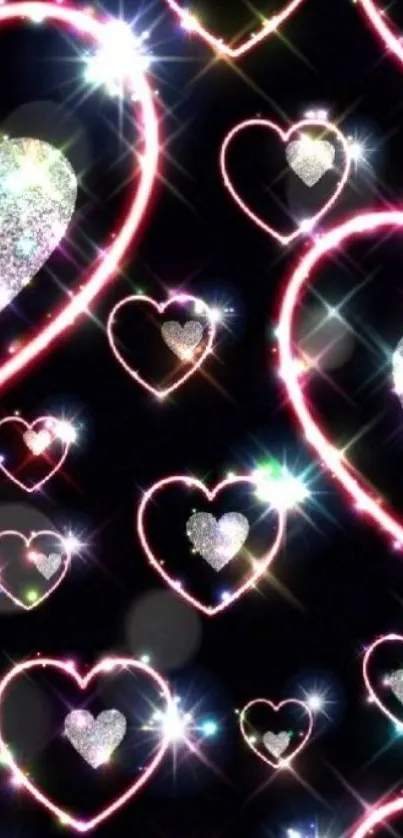 Mobile wallpaper with sparkling hearts on black background.