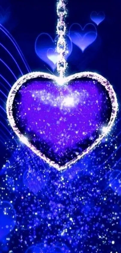 Mobile wallpaper with a sparkling purple heart on a blue background.