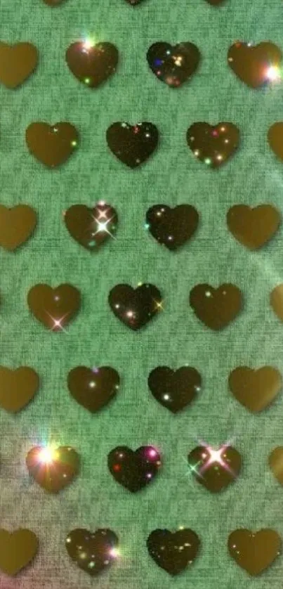 Mobile wallpaper with green background and sparkling golden hearts.