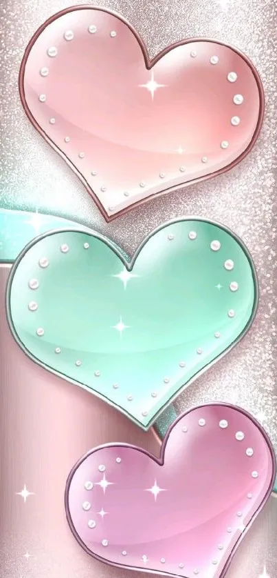 Mobile wallpaper with sparkling pastel hearts in a shimmery rose gold setting.