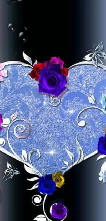 Elegant wallpaper with a sparkling heart and vibrant roses.