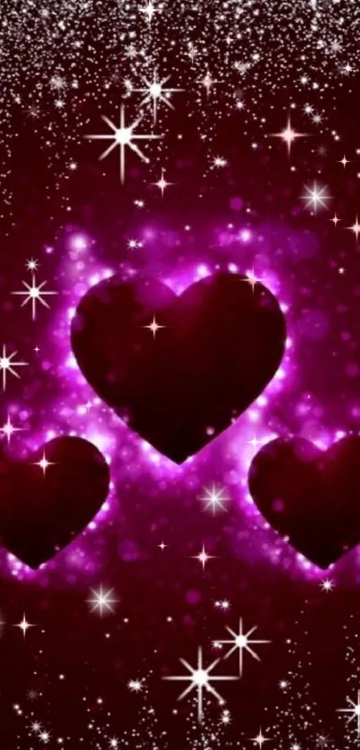 Magenta hearts with sparkling stars on a glittery background.