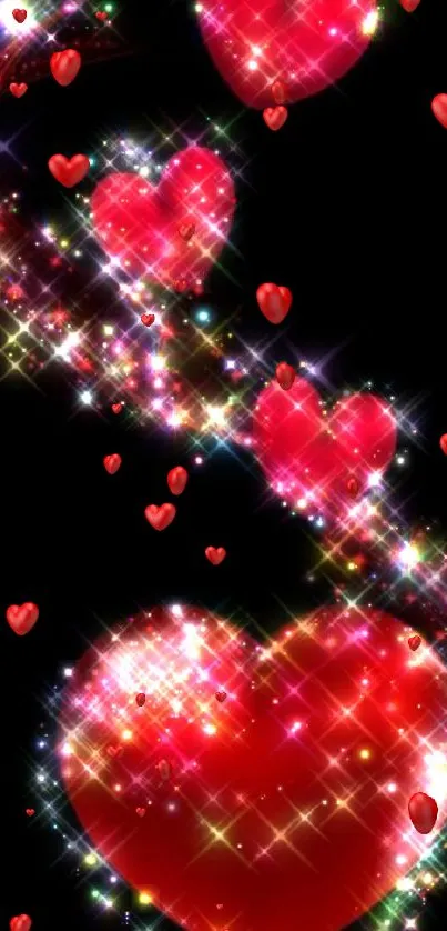 Sparkling red hearts on a dark background, glowing beautifully.