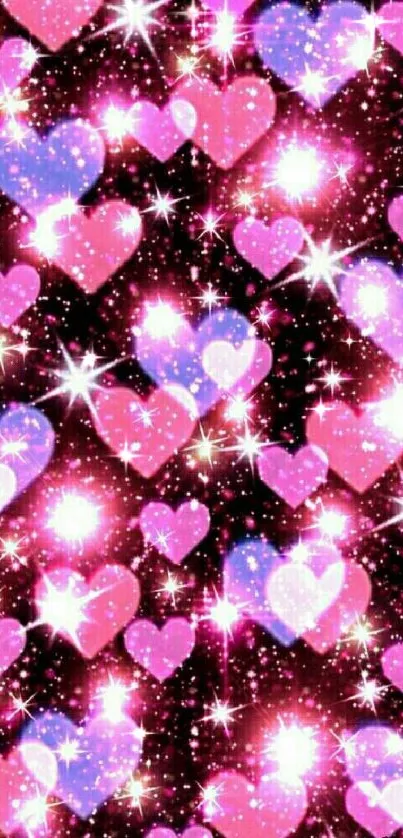 Sparkling pink and purple hearts with stars on a black background.