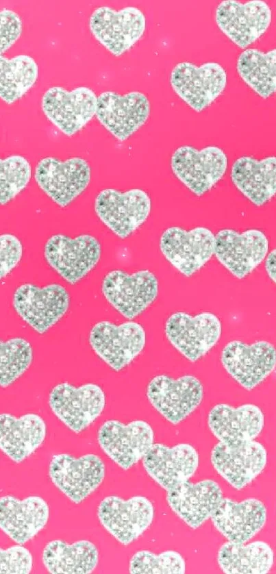 Sparkling silver hearts on a vibrant pink background mobile wallpaper.