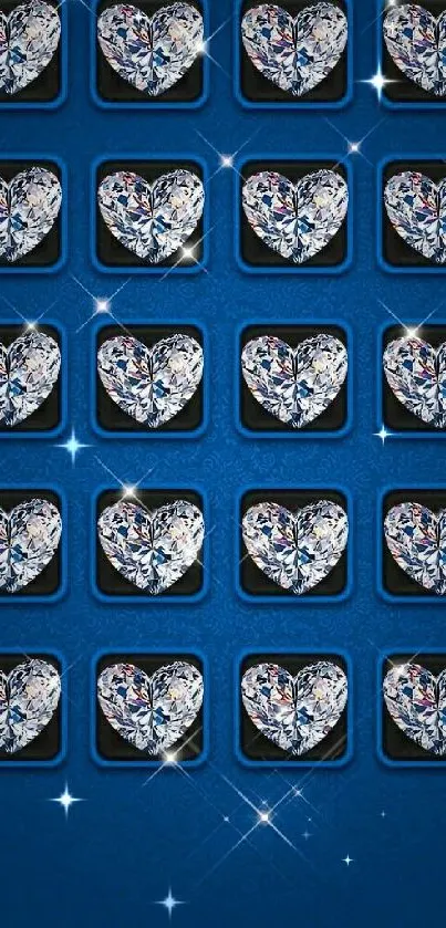 Dazzling wallpaper with sparkling heart designs on a blue background.