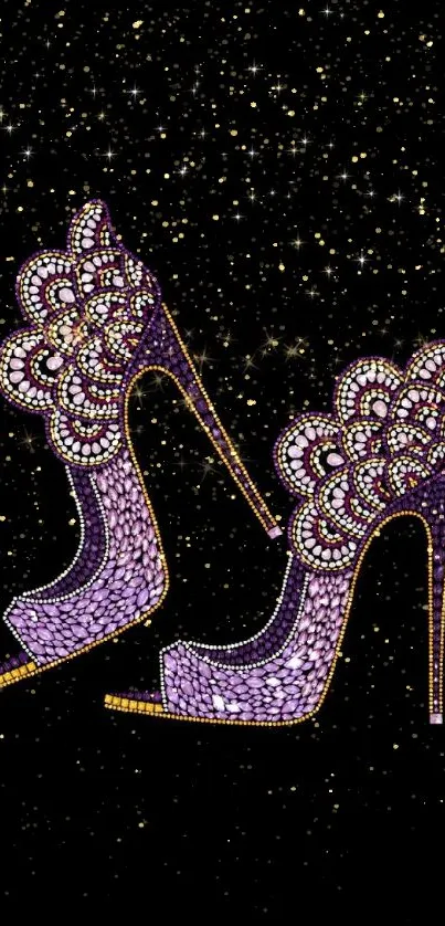 Dazzling high heels mobile wallpaper with sparkling embellishments on a black background.