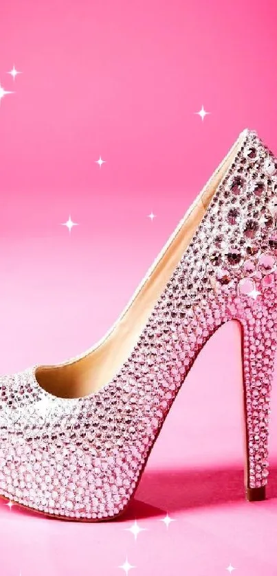 Sparkling high heel on vibrant pink backdrop.