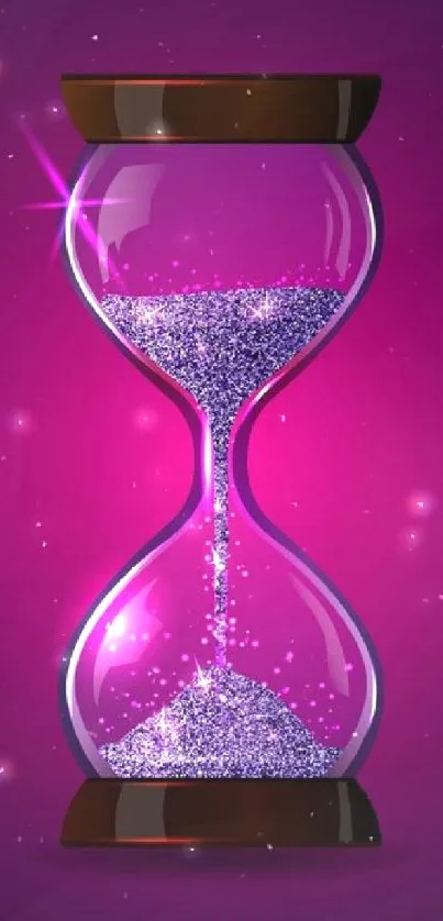 Elegant hourglass with purple glitter sand on vivid purple background.