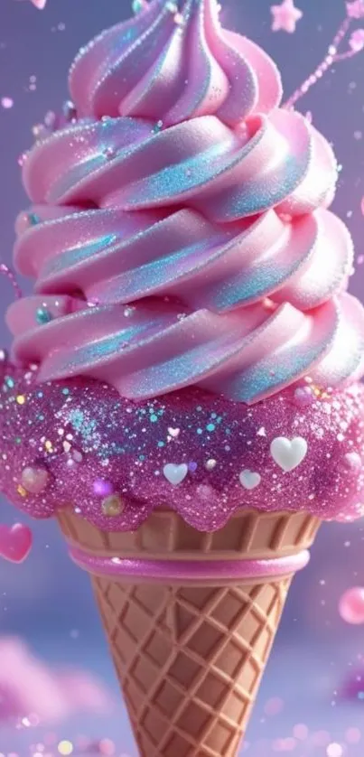 A sparkling pink ice cream cone with glitter.