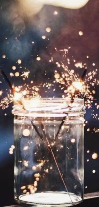 A glass jar with bright sparklers creating a magical glow.