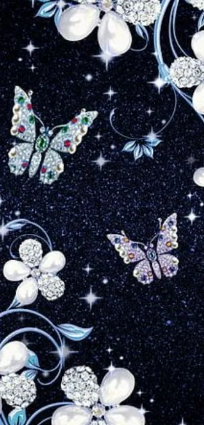 Jewel butterflies and floral design on starry background wallpaper.