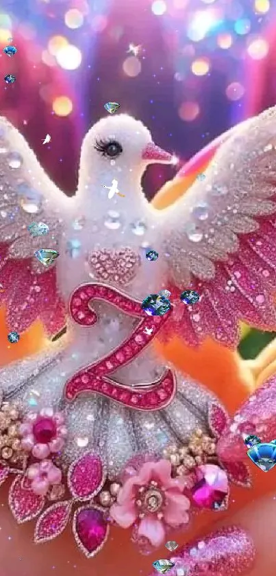 Dazzling dove with pink jewels and vibrant background.