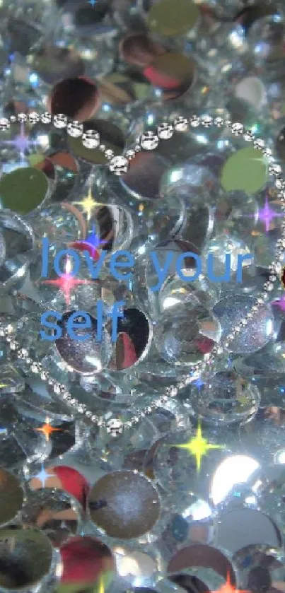Shimmering jewel heart wallpaper with 'love yourself' text.