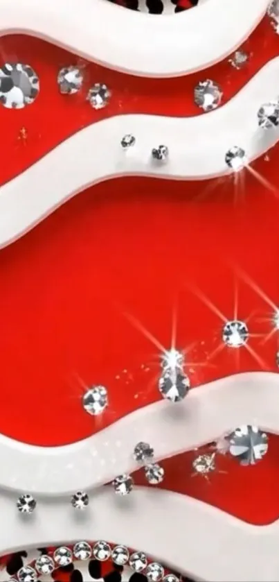 Red wallpaper with white wavy lines and sparkling jewels.