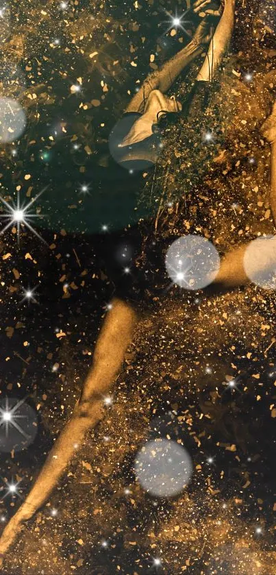 Dynamic dancer leaping amidst gold and sparkling lights.