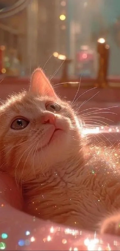 Cute kitten in a sparkling, dreamy bath setting.