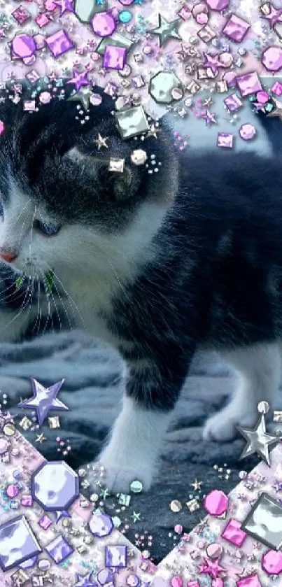 Playful kitten surrounded by colorful gemstones on a cobblestone path.