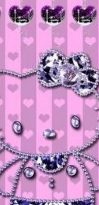 Sparkling pink kitty wallpaper with jewels and striped background.