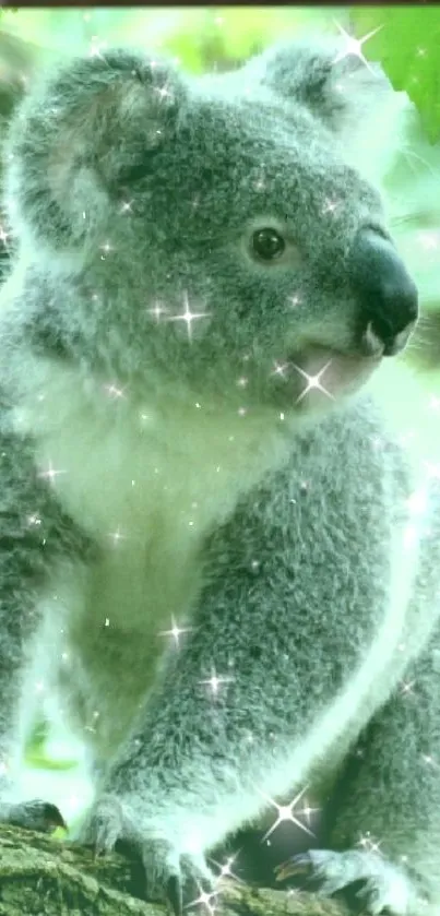 Charming koala with sparkling stars against a green leafy background.