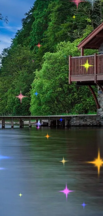 Lakeside cabin with colorful star sparkles over tranquil water.