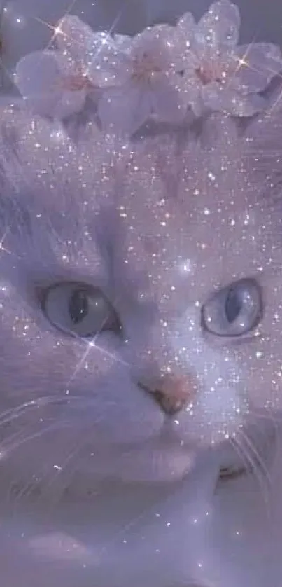 Enchanting white cat with glitter on lavender background.